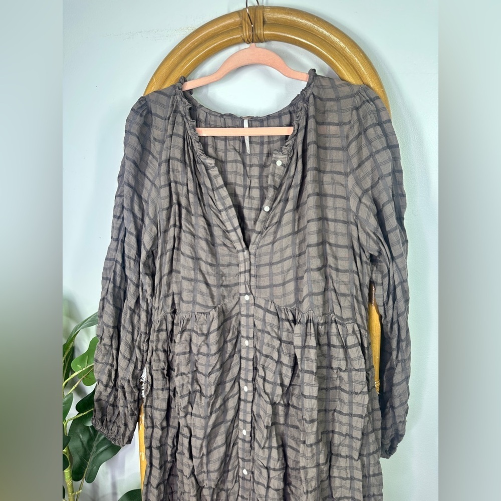 Free People Brown Plaid Button-Front Midi Dress - Picture 6 of 8